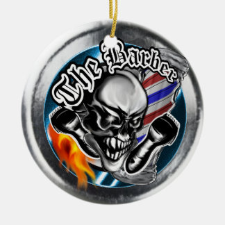 Custom Barber Skull with Flaming Razor Ceramic Ornament