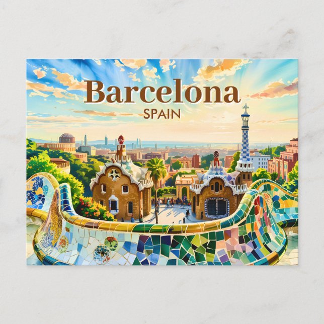 Custom Barcelona Spain Watercolor Park Guell Retro Postcard (Front)