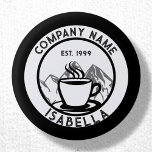 Custom Barista Staff Name Button<br><div class="desc">Stylish customisable black and white coffee shop staff name badge button,  featuring a ready made trendy round logo with mountains and a steaming cup of coffee,  surrounded by a stylish font that you can customise with your companies name,  employees name and business established date.</div>