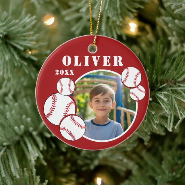 Custom Baseball Ball Red Sports Photo Ceramic Ornament (Tree)