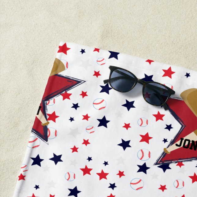 Custom Baseball Bats Balls and Stars on White Beach Towel (In Situ)