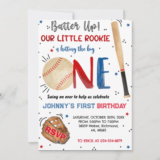 Custom Baseball Birthday Party Invitation (Front)