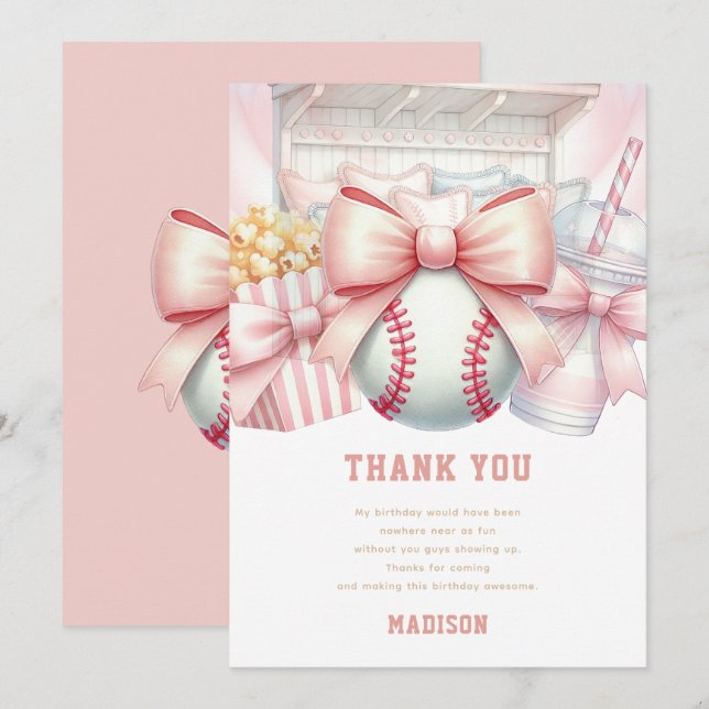 Custom Baseball Girl Birthday  Thank You Card (Front/Back)