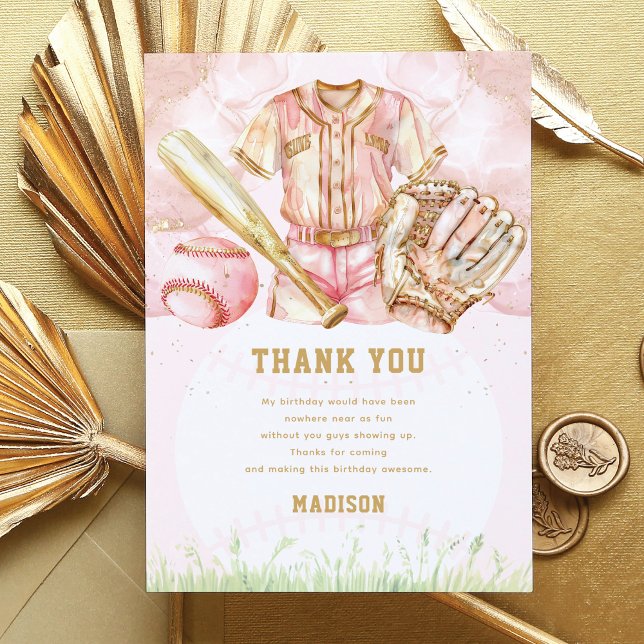 Custom Baseball Luxury Girl Birthday  Thank You Card (Creator Uploaded)