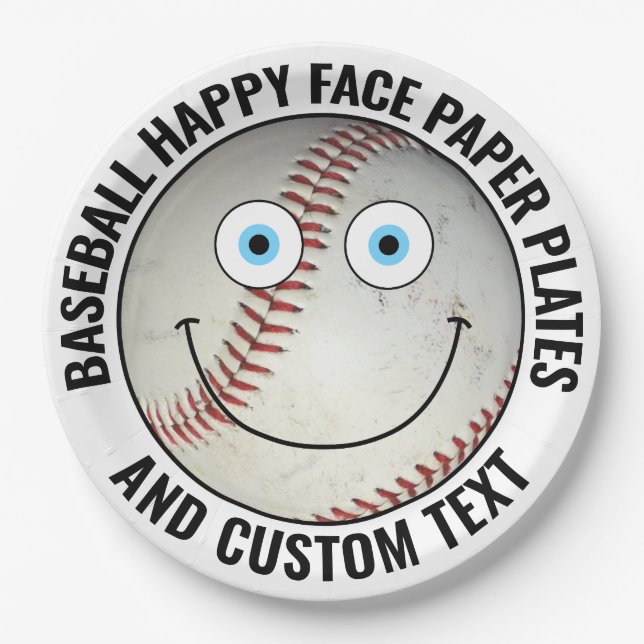 Custom Baseball Party BLUE EYES Happy Face Paper Plate (Front)