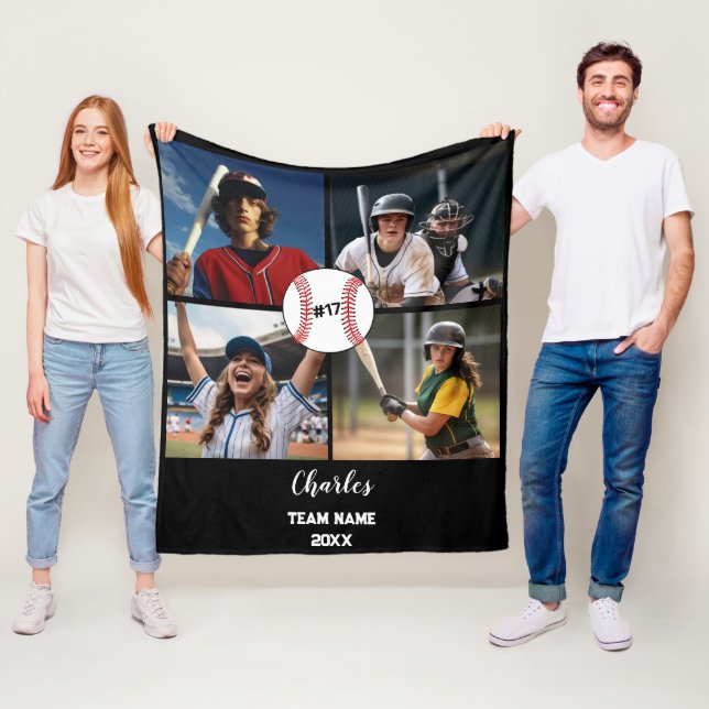 Custom Baseball Photo Collage with Name & Year Fleece Blanket (In Situ)