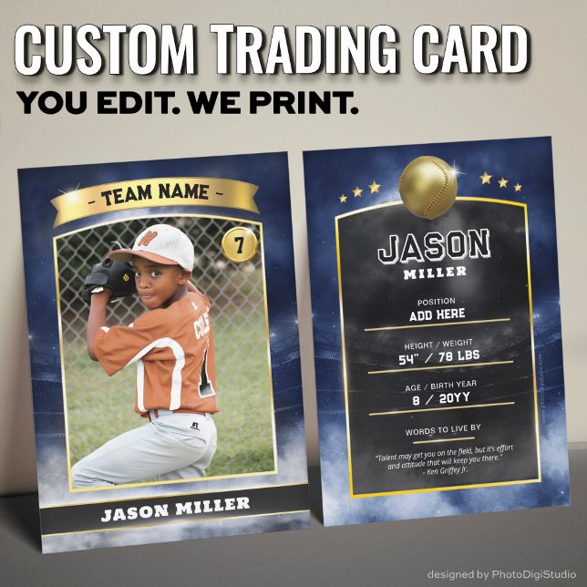 Custom Baseball Trading Card Blue Gold Stadium (Custom Trading Card, Editable Baseball Trading Card, Modern Blue Gold Stadium Design)