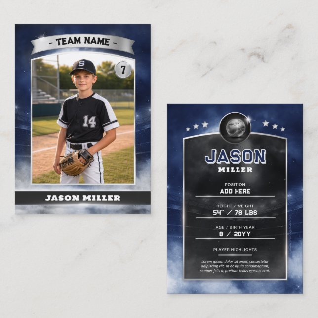 Custom Baseball Trading Card, Blue Silver Stadium Calling Card (Front/Back)