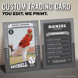 Custom Baseball Trading Card, Grey Retro Player Calling Card