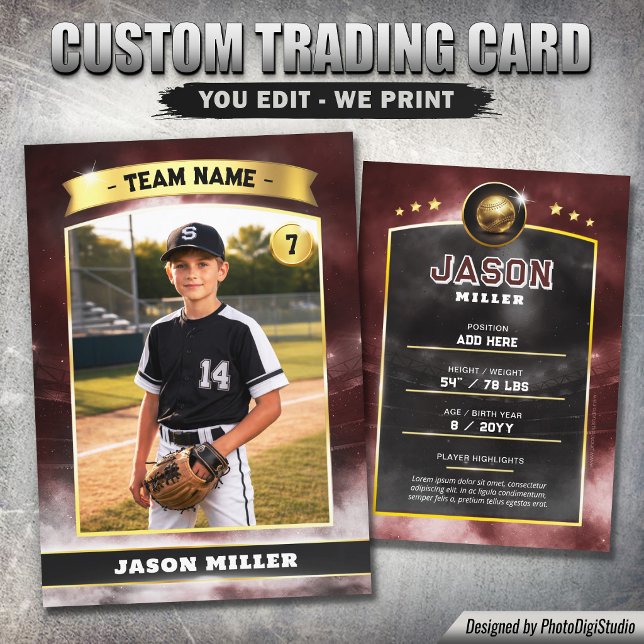 Custom Baseball Trading Card, Red Gold Stadium Calling Card (Custom Baseball Trading Card, Red Gold Stadium Player Card)