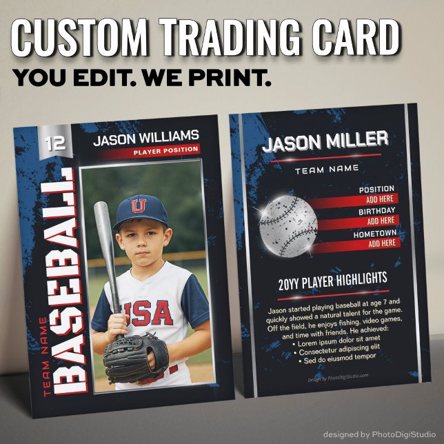 Custom Baseball Trading Card, Red Player Card (Custom Baseball Trading Card, USA Power Player Card )