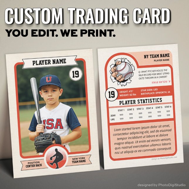 Custom Baseball Trading Card, Vintage Player Card (Vintage Custom Baseball Trading Card, Red Player Card)