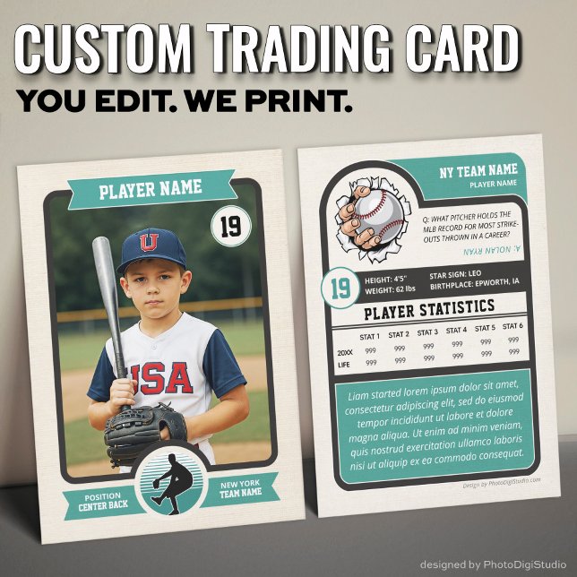 Custom Baseball Trading Card, Vintage Player Card (Vintage Custom Baseball Trading Card, Teal Player Card)