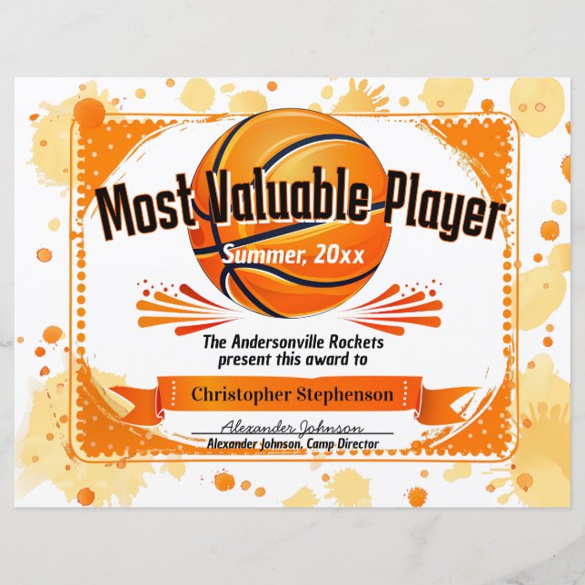 Custom Basketball Award MVP Personalised Team Camp (Front)