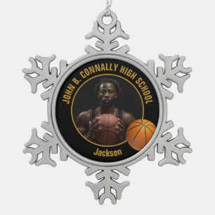 Custom Basketball Player Photo Black Gold Snowflake Pewter Christmas Ornament