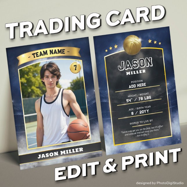 Custom Basketball Trading Card Blue Gold Stadium (Custom Trading Card, Editable Basketball Trading Card, Modern Blue Gold Stadium Design)
