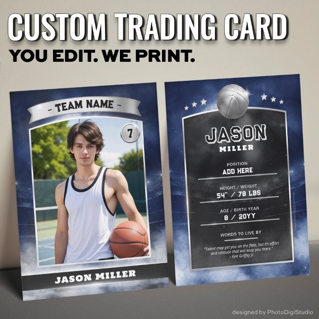 Custom Basketball Trading Card Blue Silver Stadium (Custom Trading Card, Editable Basketball Trading Card, Modern Blue SIlver Stadium Design)