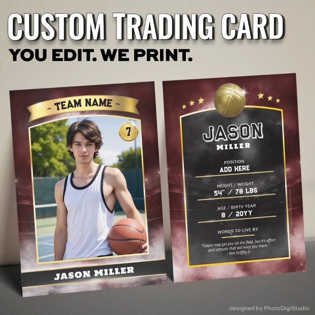 Custom Basketball Trading Card Red Gold Stadium (Custom Trading Card, Editable Basketball Trading Card, Modern Red Gold Stadium Design)