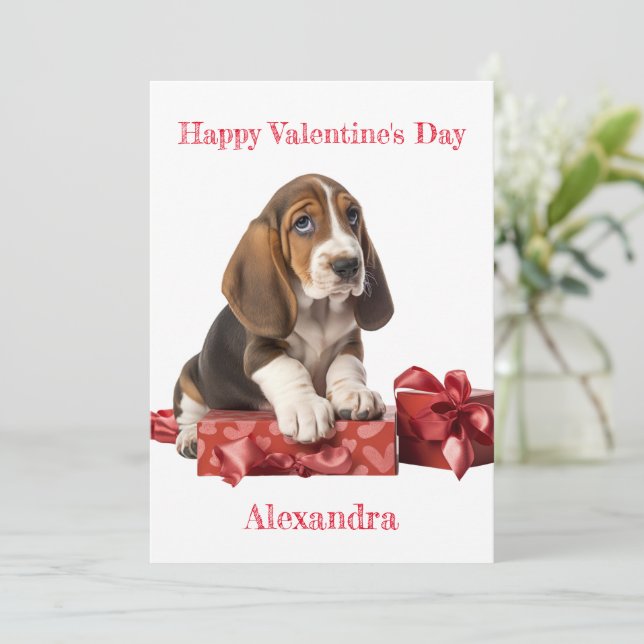 Custom Basset Hound Bow Gift Box Valentine Holiday Card (Standing Front)