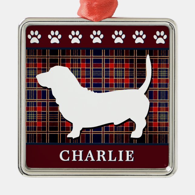 Custom Basset Hound Dog Ornament and Paw Prints (Front)