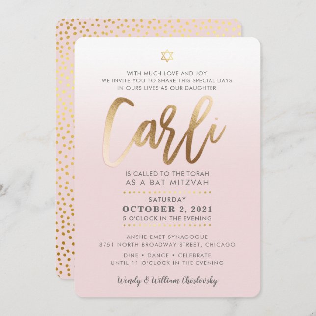 CUSTOM Bat Mitzvah Invite pale pink gold CARLI (Front/Back)