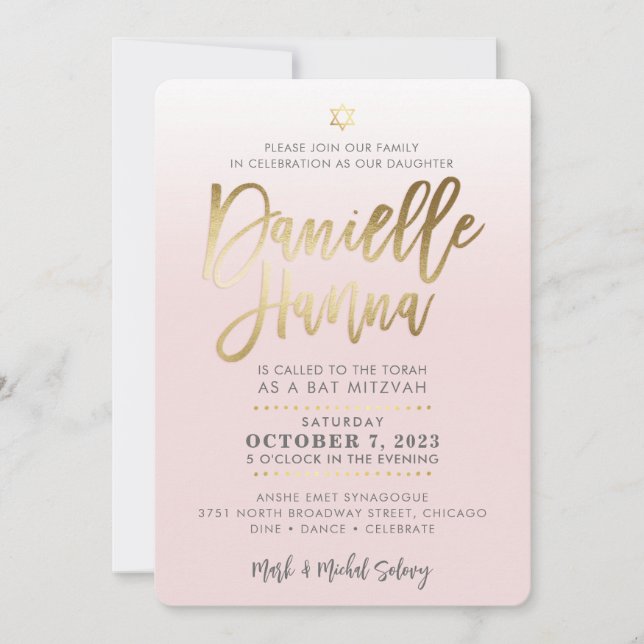 CUSTOM Bat Mitzvah Invite pale pink gold DANIELLE (Front)