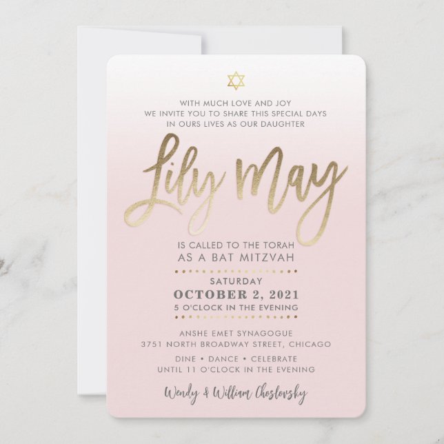 CUSTOM Bat Mitzvah Invite pale pink gold LILY MAY (Front)