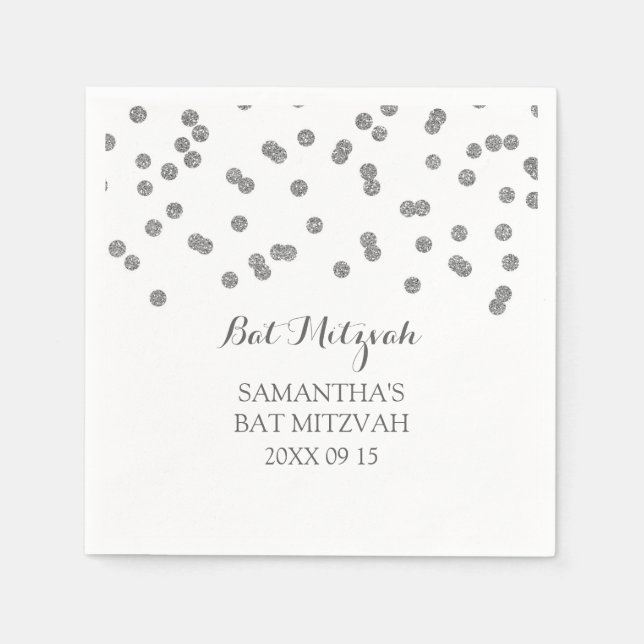 Custom Bat Mitzvah Napkin Mint Silver Confetti (Front)