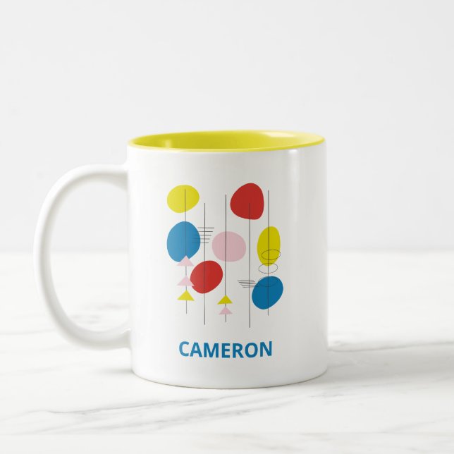 Custom Bauhaus Geometric Modernist Name Two-Tone Coffee Mug (Left)