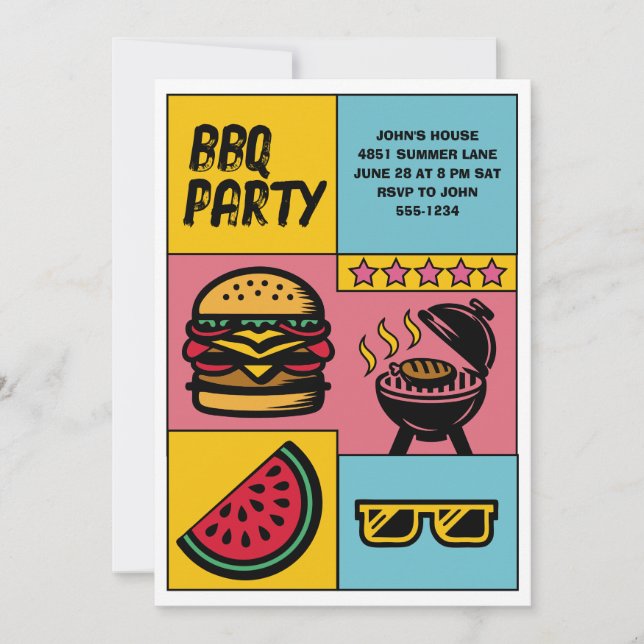 Custom BBQ Party Summer Pop Art Personalised Invitation (Front)