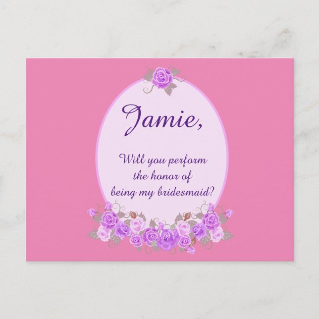 Custom Be my bridesmaid purple floral invitation Postcard (Front)