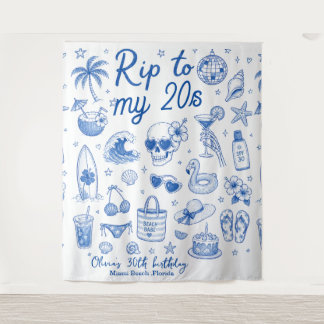 custom beach blue birthday 20s hand drawn ocean tapestry