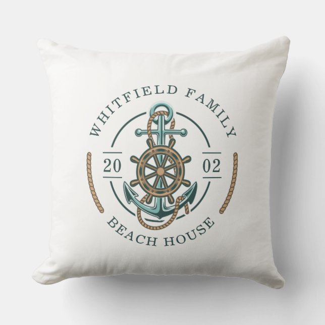 Custom Beach House Anchor Boat Wheel Nautical Cushion (Front)