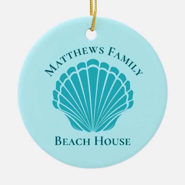 Custom Beach House Aqua Seashell Monogram Family Ceramic Ornament (Front)