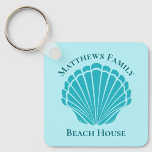 Custom Beach House Aqua Seashell Monogram Home Key Ring