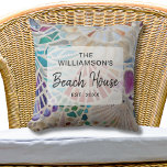 Custom Beach House Cushion<br><div class="desc">This beach house throw pillow is decorated with a unique mosaic shell design. Easily customisable with your family name and date established. Use the Customise Further option to change the text size, style, or colour. Because we create our artwork you won't find this exact image from other designers. Original Mosaic...</div>