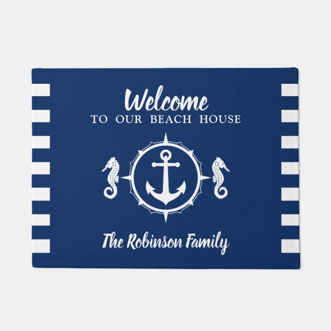 Custom Beach House Family Name Seahorse Anchor Doormat (Front)
