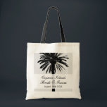 Custom beach palm destination wedding tote bags<br><div class="desc">Custom destination tropical beach wedding tote bag. Exotic seaside palm tree design with your unique location text. Personalised monogrammed totes. Elegant palmtree design with stylish script typography for name or monogram of bride and groom plus date of marriage and location. Customisable background colour. Make one for bride, bridesmaids, maid of...</div>