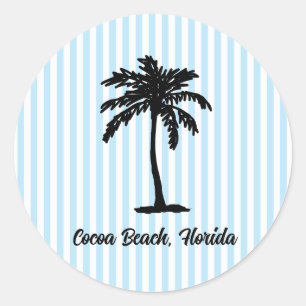Custom Beach Palm Tree Nautical Blue Stripe Classic Round Sticker