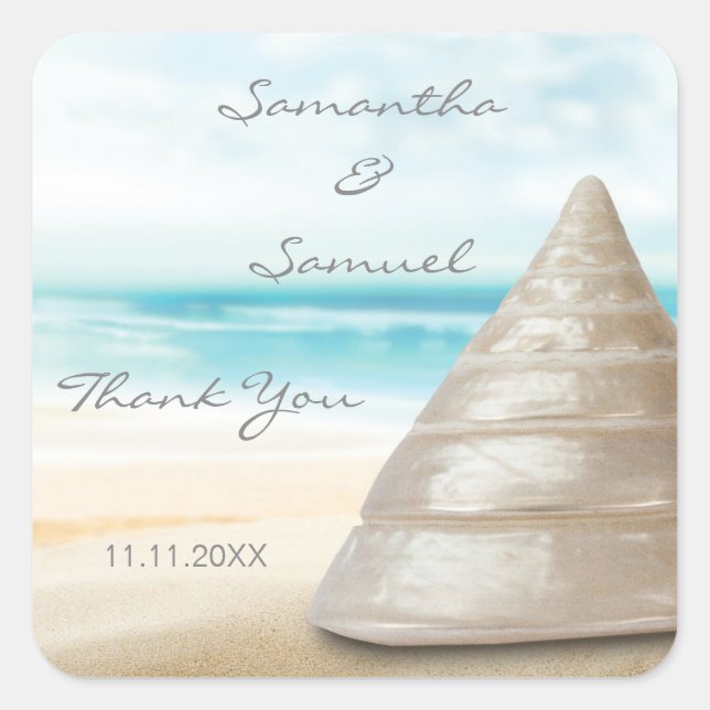 Custom Beach Sand Sea Shell Wedding Gift Favours Square Sticker (Front)