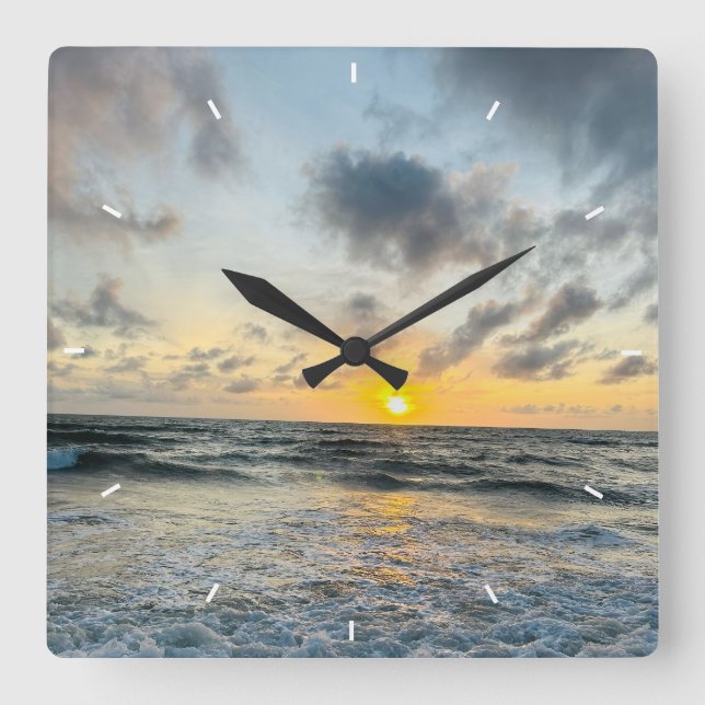 Custom Beach Sunset Wall Clock Ocean Waves Sand  (Front)