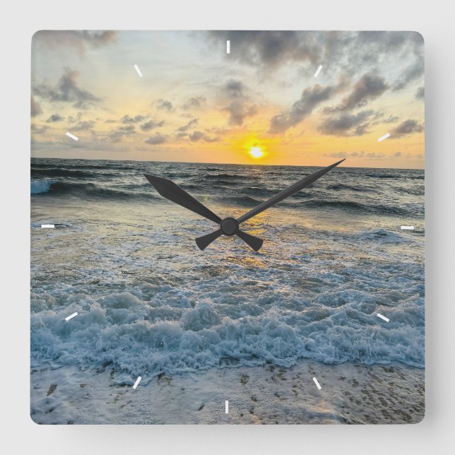 Custom Beach Sunset Wall Clock Ocean Waves Sand  (Front)