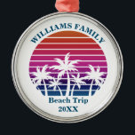 Custom Beach Trip Keepsake Pink Palm Tree Sunset Metal Ornament<br><div class="desc">Cool custom beach sunset keepsake ornament for a destination wedding or family trip to an island. Cute personalised bridal party presents or family reunion gifts featuring a pretty pink background in front of beautiful palm trees.</div>