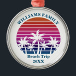Custom Beach Trip Keepsake Pink Palm Tree Sunset Metal Ornament<br><div class="desc">Cool custom beach sunset keepsake ornament for a destination wedding or family trip to an island. Cute personalised bridal party presents or family reunion gifts featuring a pretty pink background in front of beautiful palm trees.</div>