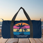 Custom Beach Vacation Cute Tropical Palm Tree Blue Duffle Bag<br><div class="desc">Cute custom beach sunset blue duffel bag for a seaside vacation or family trip to the ocean. Cool personalised gift featuring tropical palm trees and pretty pink and blue with your personalised name or other text.</div>