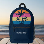 Custom Beach Vacation Cute Tropical Palm Tree Blue Printed Backpack<br><div class="desc">Cute custom beach sunset blue backpack for a seaside vacation or family trip to the ocean. Cool personalised gift featuring tropical palm trees and pretty pink and blue with your personalised name or other text.</div>