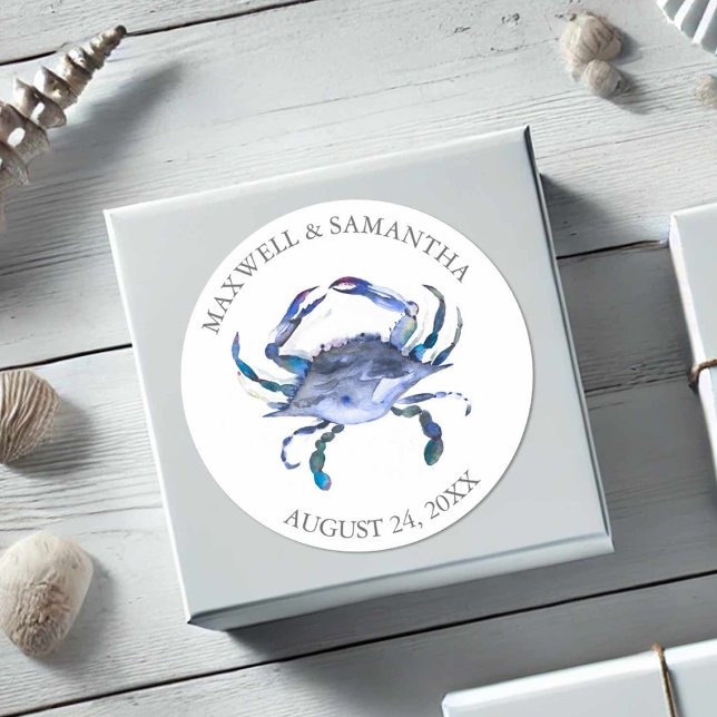 Custom Beach Wedding Labels Blue Crab (Wedding favor stickers watercolor crab in shades of blue by Victoria Grigaliunas of Do Tell A Belle)