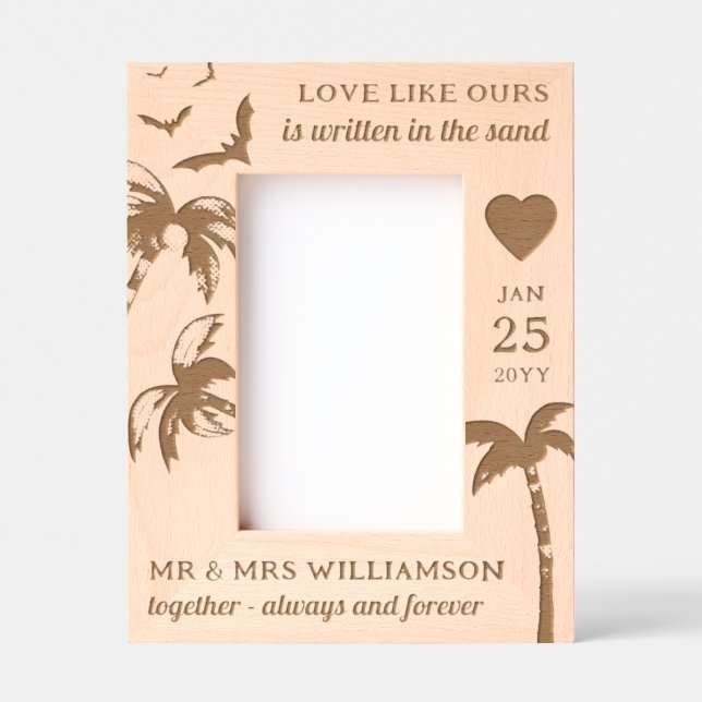 Custom Beach Wedding Tropical Palm Trees Wooden Etched Frames (Front)