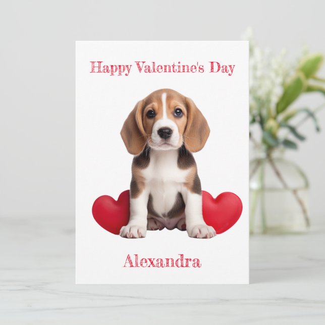 Custom Beagle with 2 Hearts Valentine Holiday Card (Standing Front)