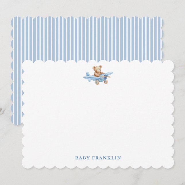 Custom Bear Plane Boy Stationery Baby Shower  Thank You Card (Front/Back)